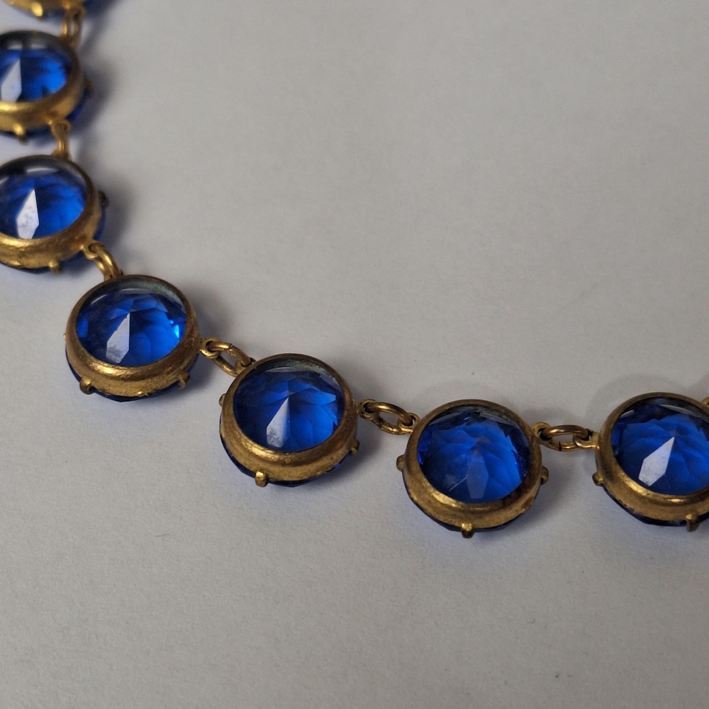 Antique Riviere Art Deco Gold Tone Sapphire Blue Glass Necklace 15" 1920s 1930s - Picture 3 of 16